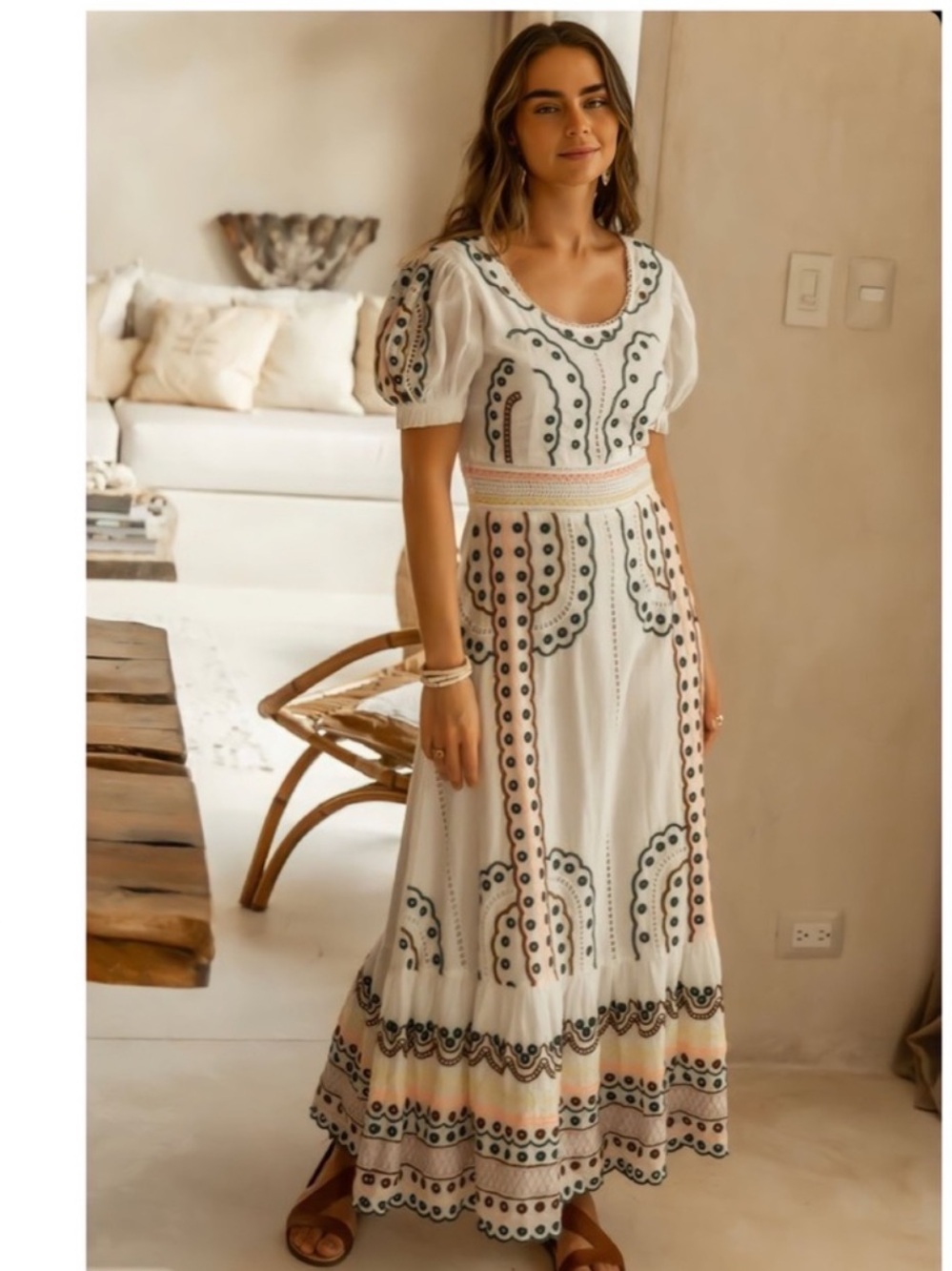 Boheme White Maxi Dress. Eyelet Embroidery and Blush/Yellow Trim